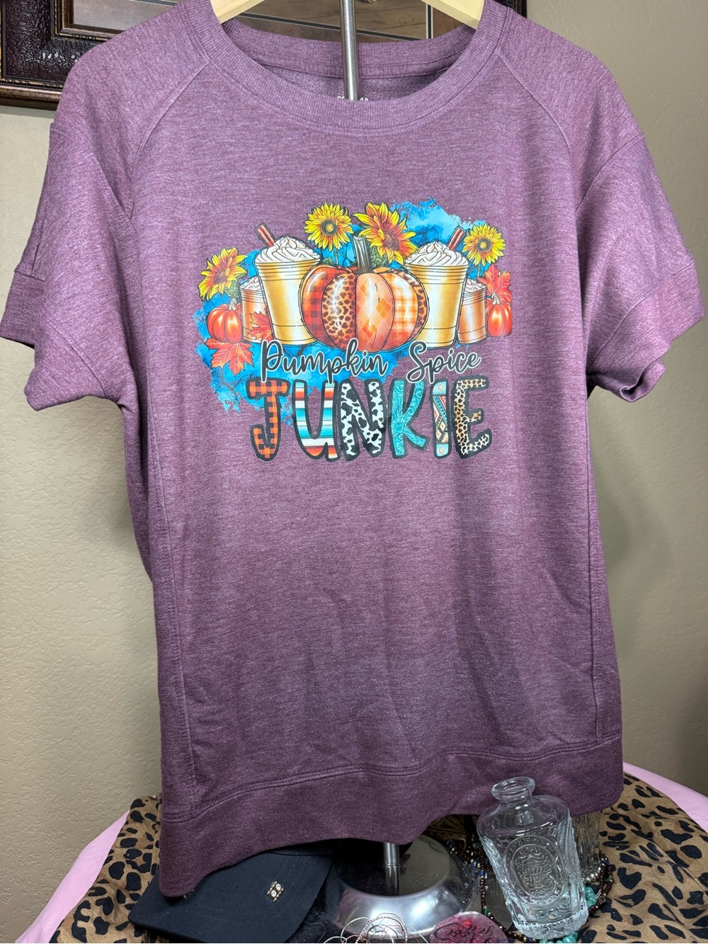 Revamped Sonoma burgundy top w/ custom pressed Pumpkin Spice Junkie Graphic